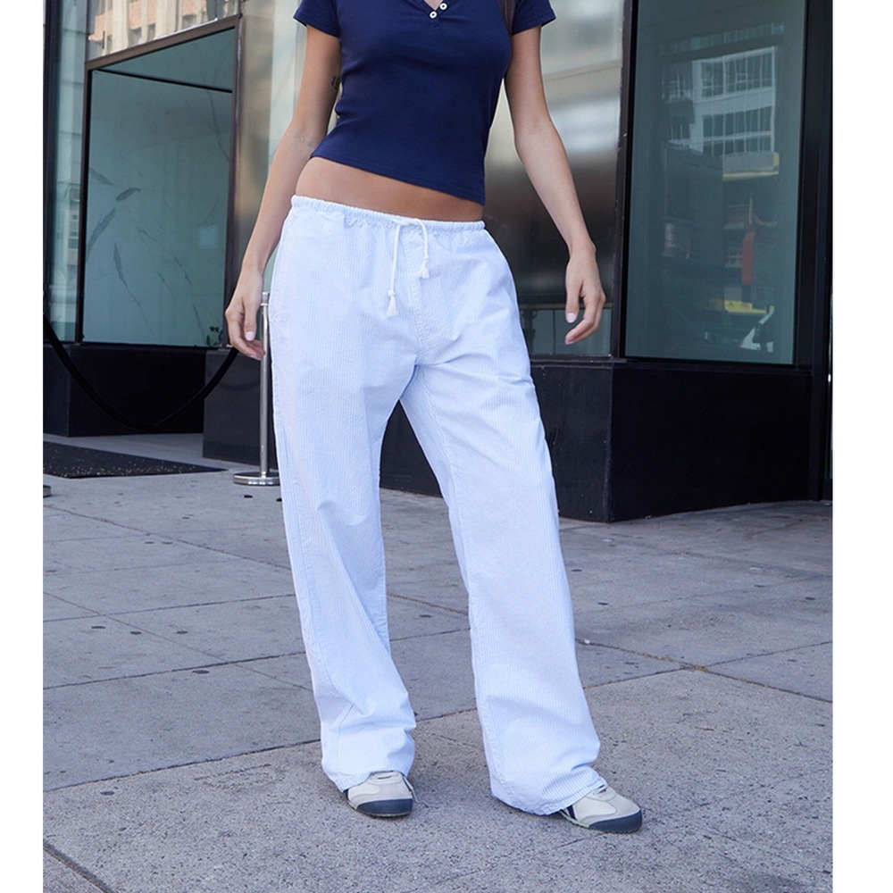 John Galt Low Rise Striped 100% Cotton Sweatpants Blue White Wide Leg Baggy - Picture 2 of 9